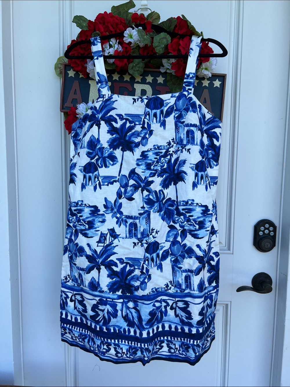 NWOT Linen Blend Strappy Shift Dress Blue White Mediterranean Euro Summer LOFT 6